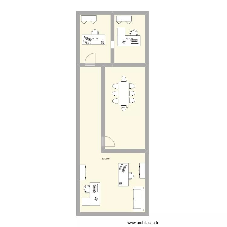plan open space. Plan de 4 pièces et 74 m²