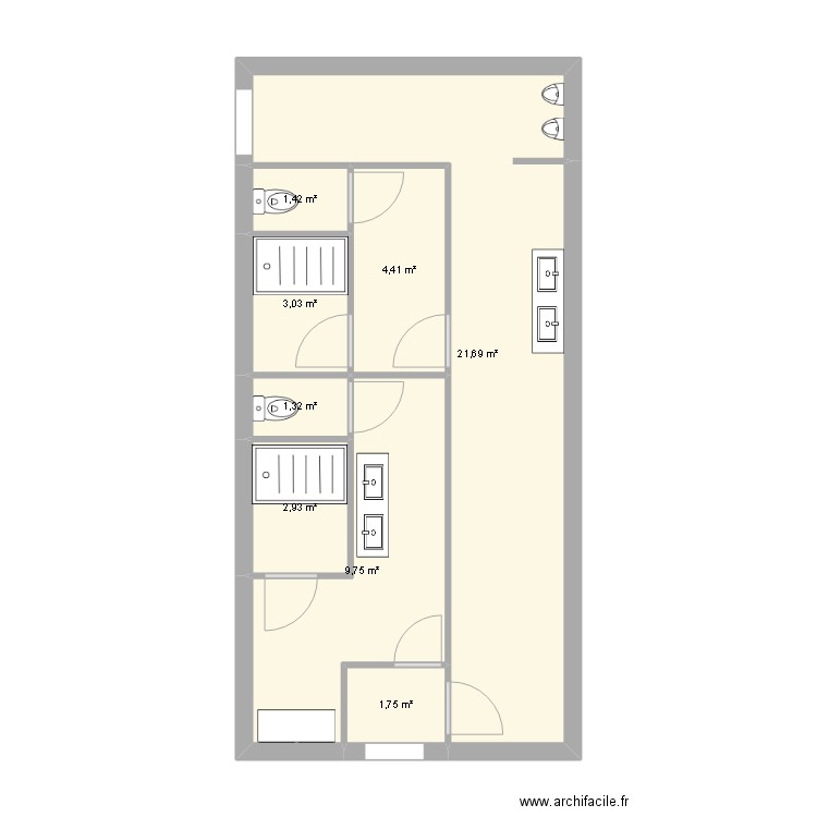 SANITAIRE F.A.M. Plan de 8 pièces et 46 m2