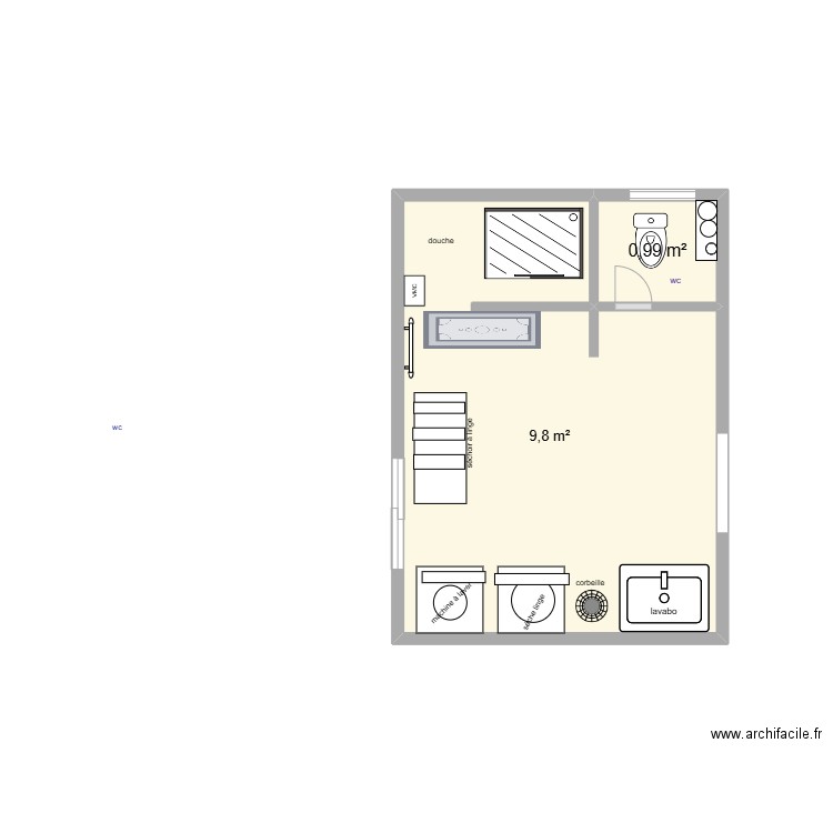 salle de bain. Plan de 2 pièces et 11 m2