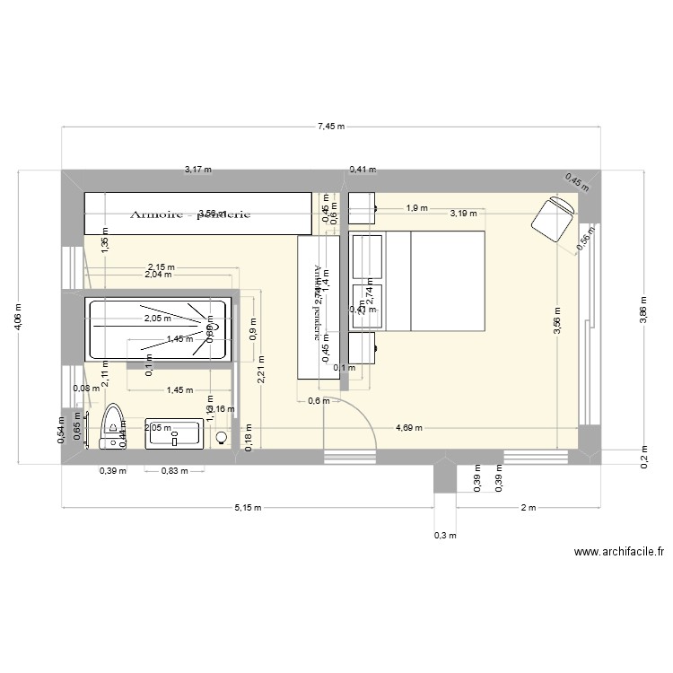 Chambre parentale. Plan de 2 pièces et 24 m2