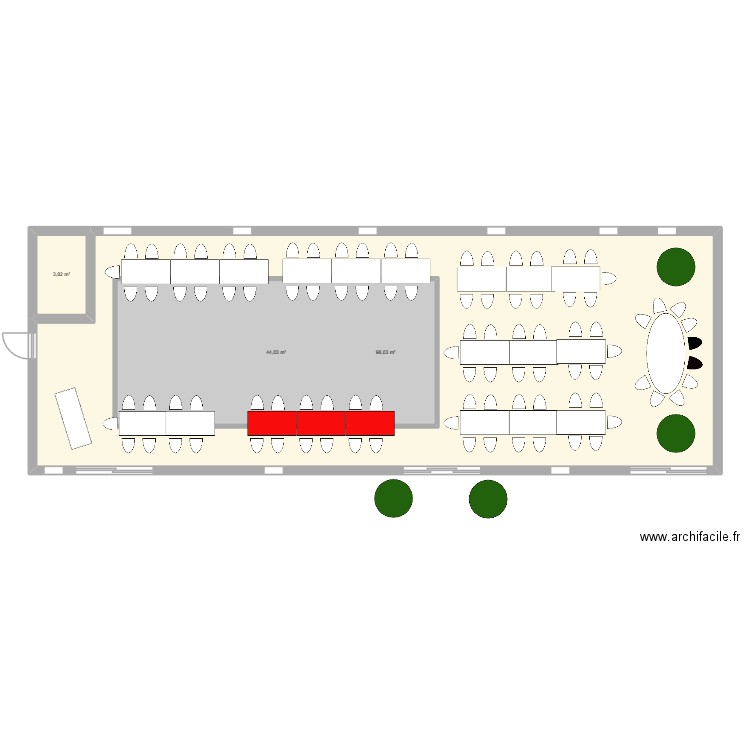 La grange longue table espacé + ovale mariés. Plan de 3 pièces et 193 m2