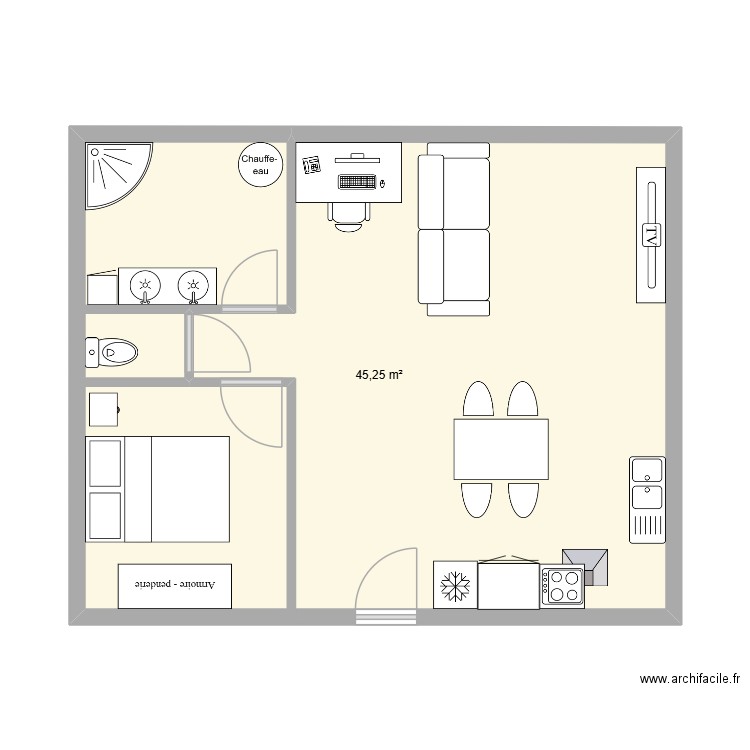 45m2. Plan de 1 pièce et 45 m2