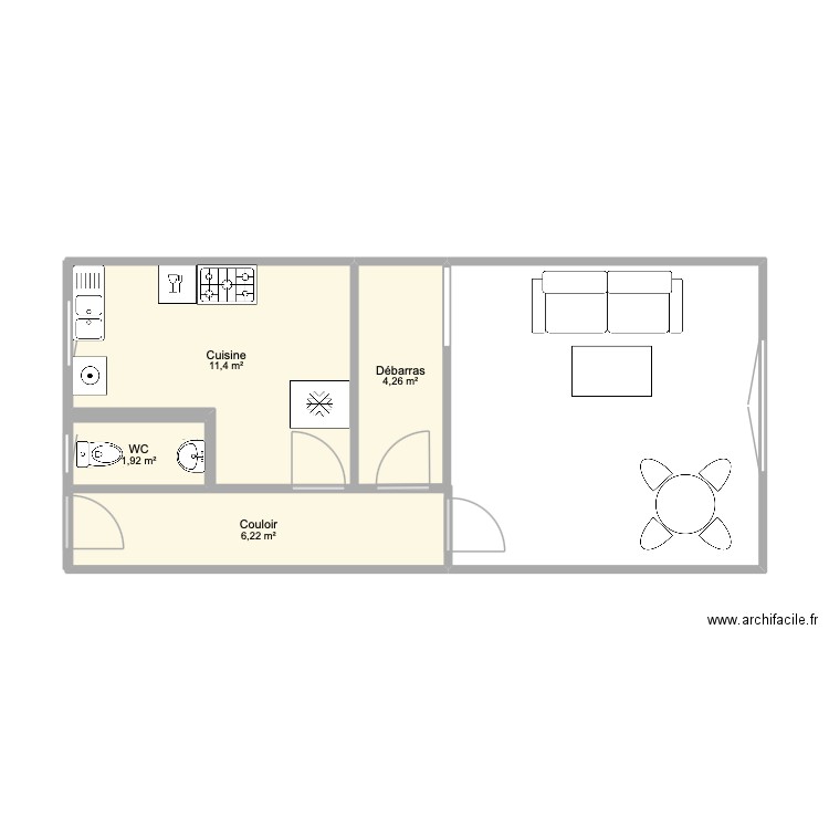 RDC. Plan de 4 pièces et 24 m2