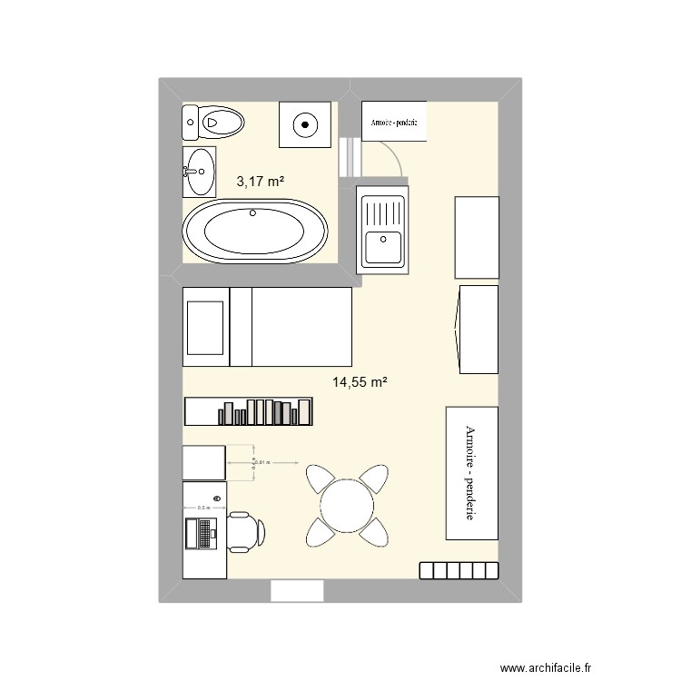 Appart. Plan de 2 pièces et 18 m2