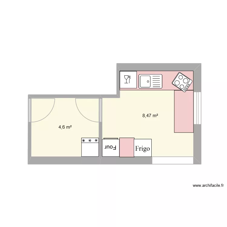 cuisine. Plan de 2 pièces et 13 m²