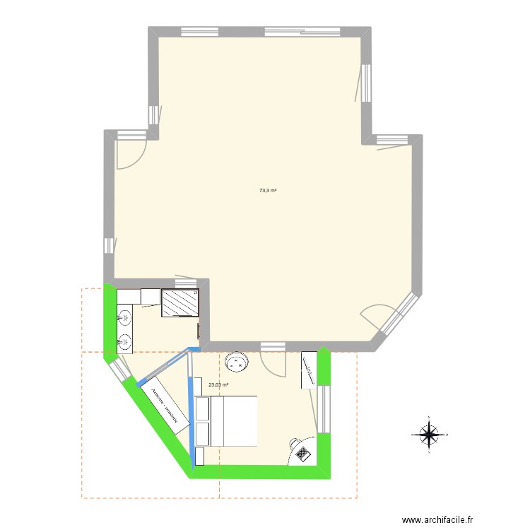 Maison existante + extension RDC à construire. Plan de 4 pièces et 270 m2