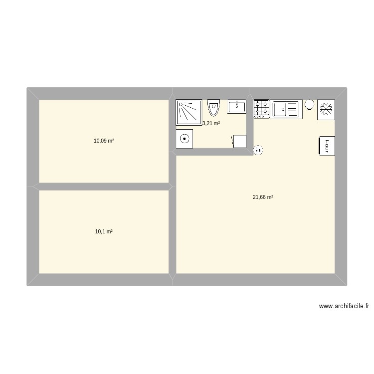 Cabane. Plan de 4 pièces et 45 m2