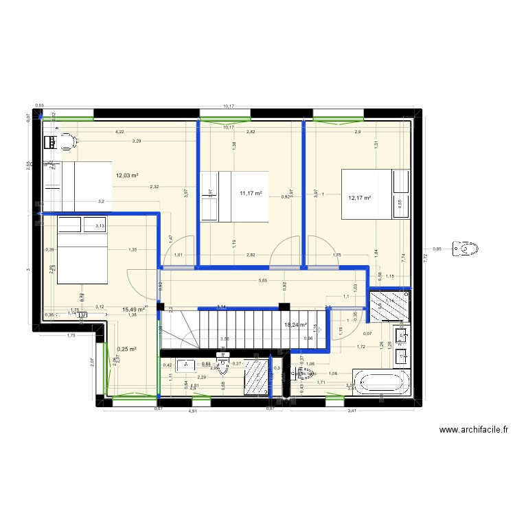 R+1 - Projet. Plan de 8 pièces et 70 m2