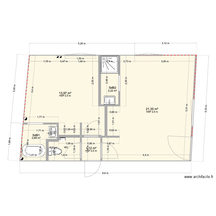 RDC chambres mesurées. Plan de 6 pièces et 43 m2