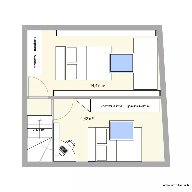 Ivry - appart face - chambres etage v1. Plan de 3  et 28 m²