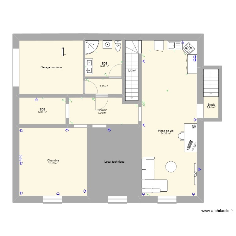 Cave travaux ELEC SANIT. Plan de 10 pièces et 106 m2