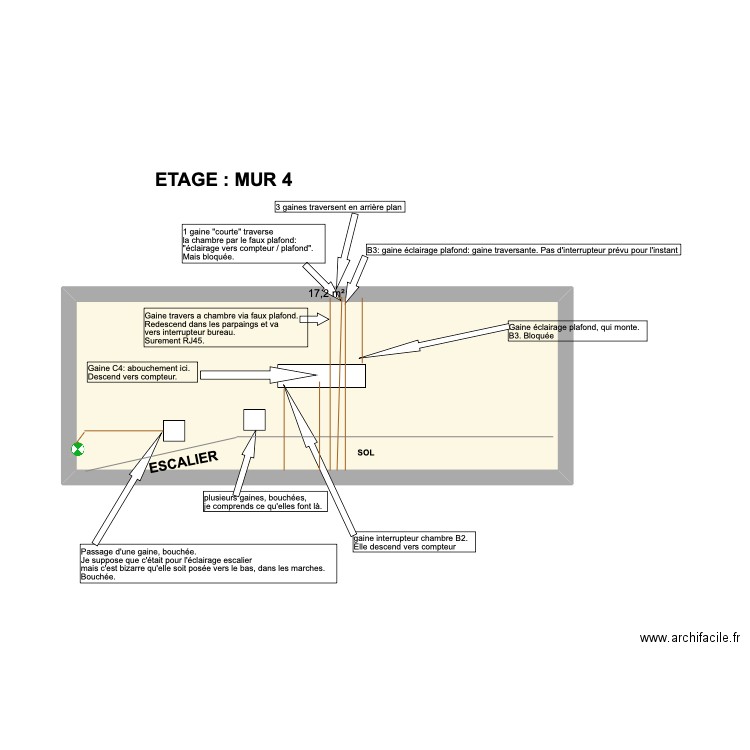 éclairage mur étage escalier. Plan de 1 pièce et 17 m2