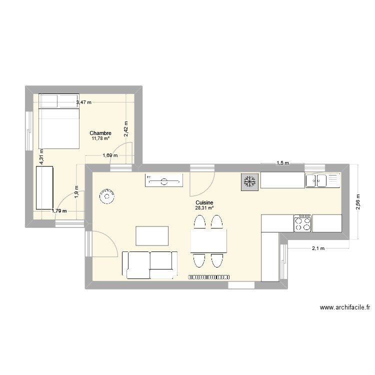 Garconière. Plan de 2 pièces et 40 m2