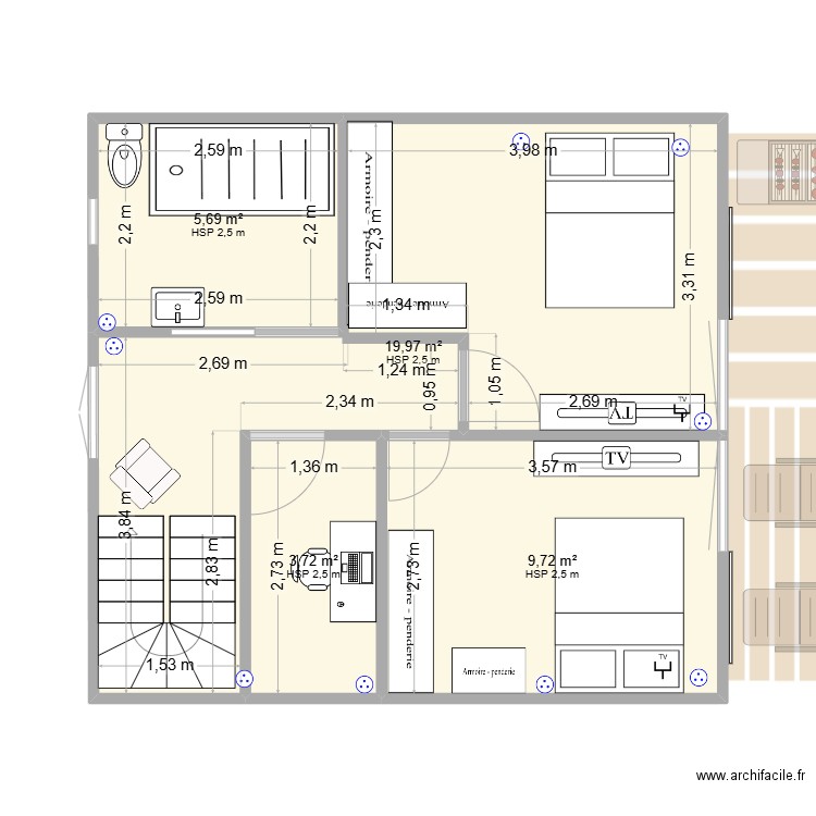 Maison Sainte Radegonde 80 m2 VERSION 3. Plan de 6 pièces et 79 m2