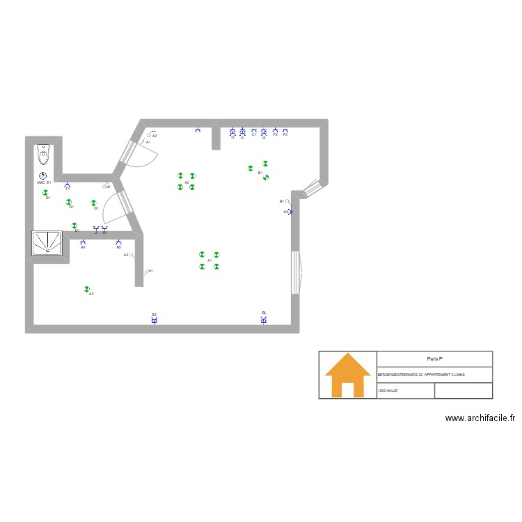 HALLE. Plan de 2 pièces et 54 m2
