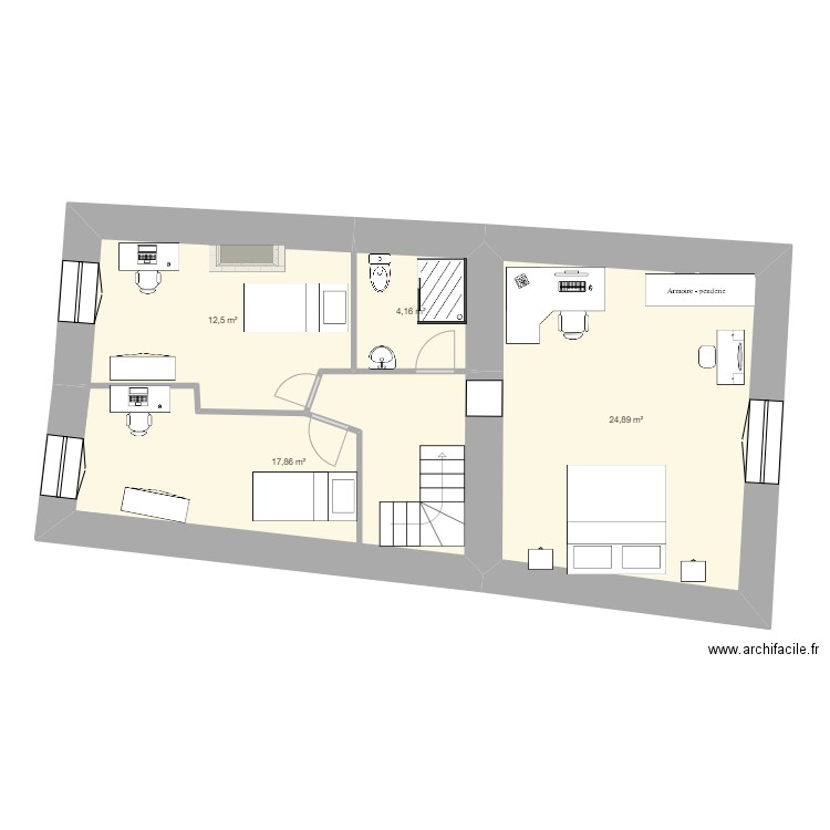 Maison etage 3 chambres  2 enfants. Plan de 4 pièces et 59 m2