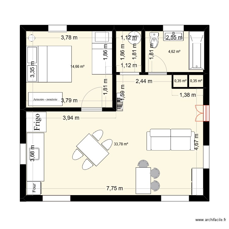 1 chanbre 24X26. Plan de 5 pièces et 54 m2