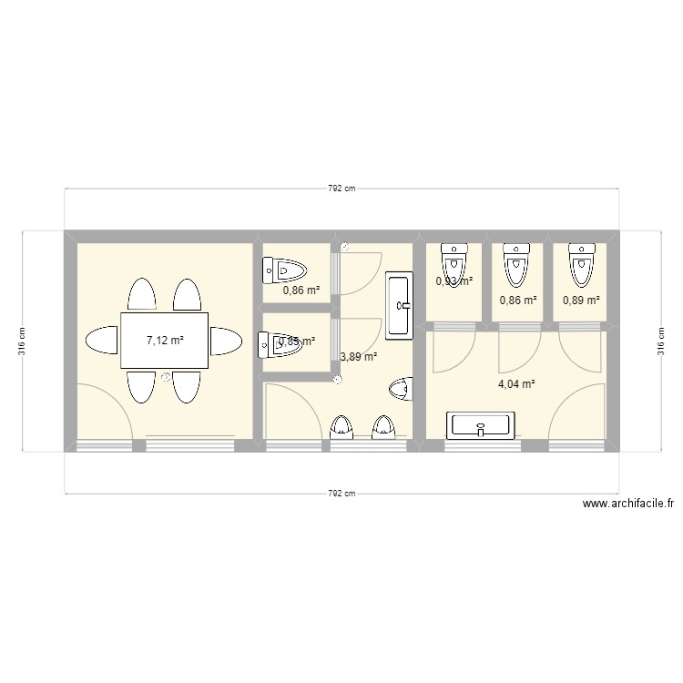 Futur sanitaires. Plan de 8 pièces et 19 m2