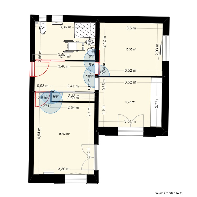 RDC modifié. Plan de 4 pièces et 48 m2