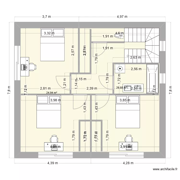 Etage. Plan de 2  et 55 m²