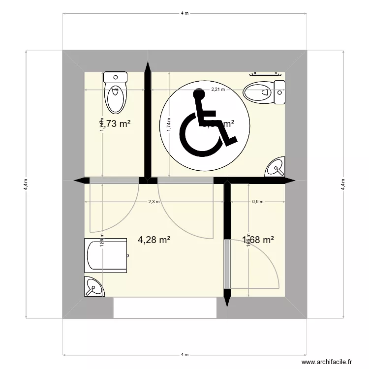 WC public 5. Plan de 4  et 12 m²