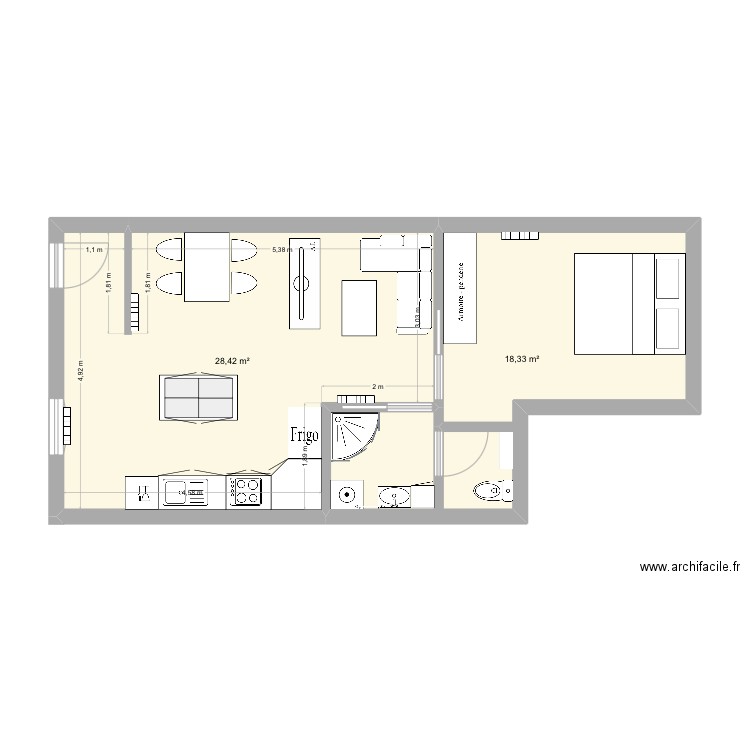 Projet appart réserve. Plan de 2 pièces et 47 m2