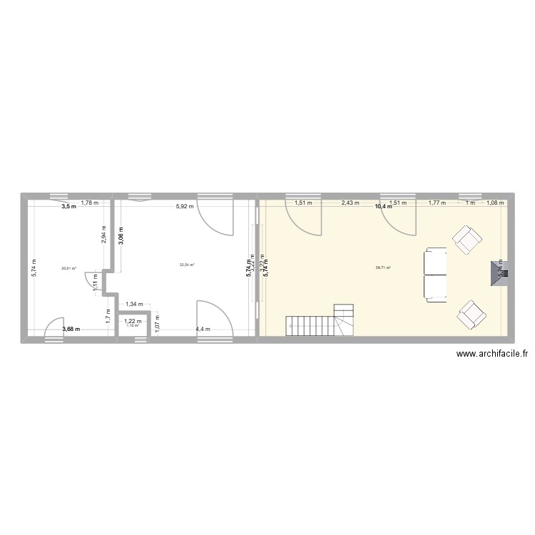Maison Rdc modifié. Plan de 4 pièces et 113 m2