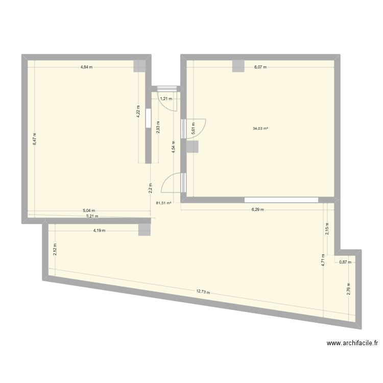 plan mur porteur Gutenberg. Plan de 2 pièces et 116 m2