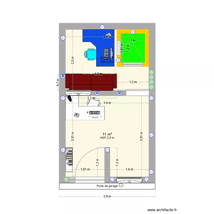 Plan STUDIO II. Plan de 3  et 21 m²