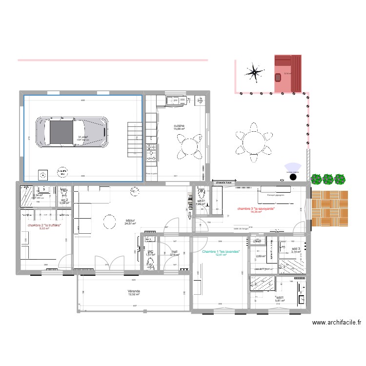 projet 5J + Allemagne. Plan de 16 pièces et 142 m2