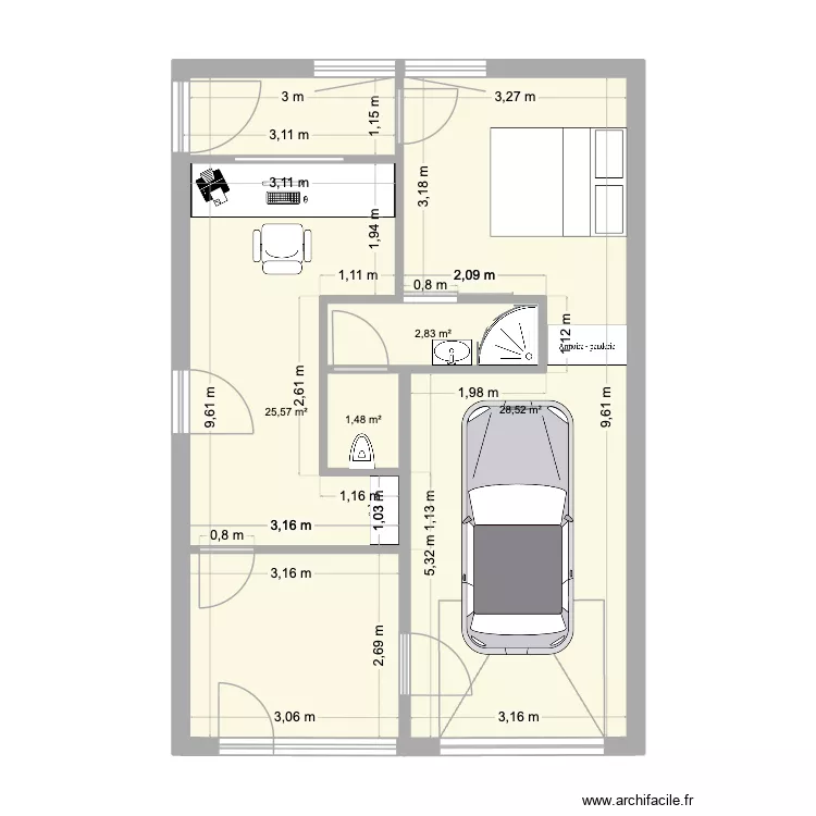 Camille et Francois. Plan de 4 pièces et 58 m²