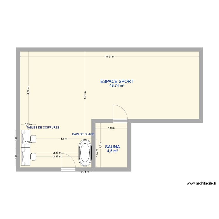 hammam. Plan de 2 pièces et 53 m2