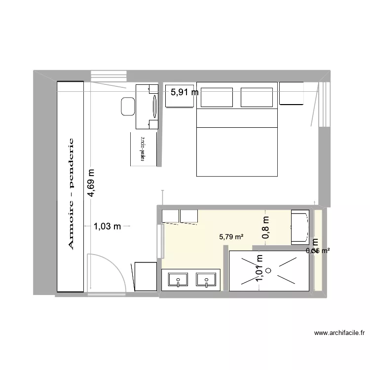 sdb rez. Plan de 2 pièces et 6 m²