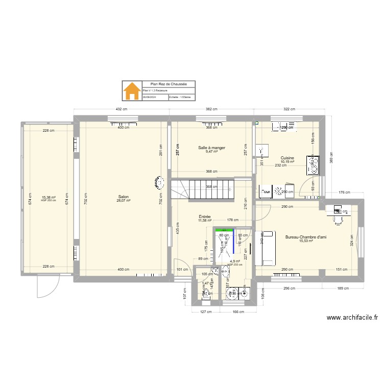 P1-RdC-v1.1. Plan de 8 pièces et 97 m2