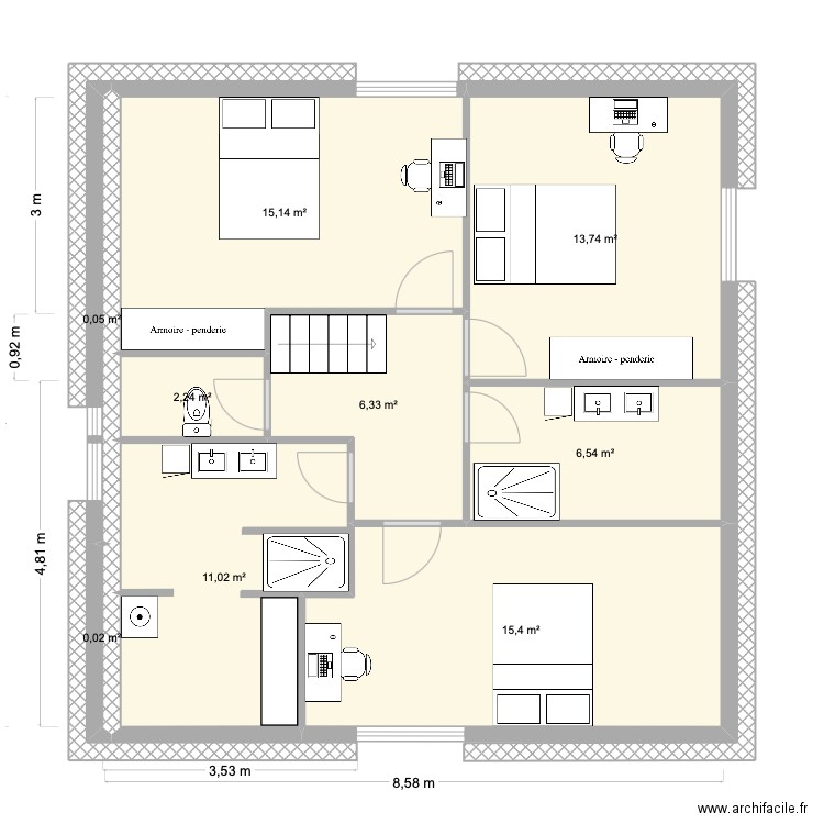 2e étage Coloc 2. Plan de 9 pièces et 70 m2