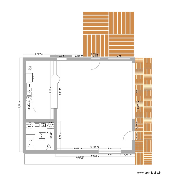 Extension. Plan de 1 pièce et 9 m2