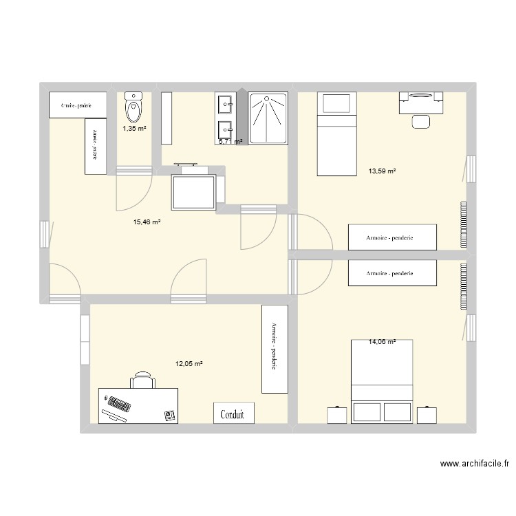 2ème étage. Plan de 6 pièces et 62 m2