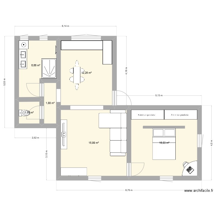 Feurs RDC. Plan de 6 pièces et 55 m2