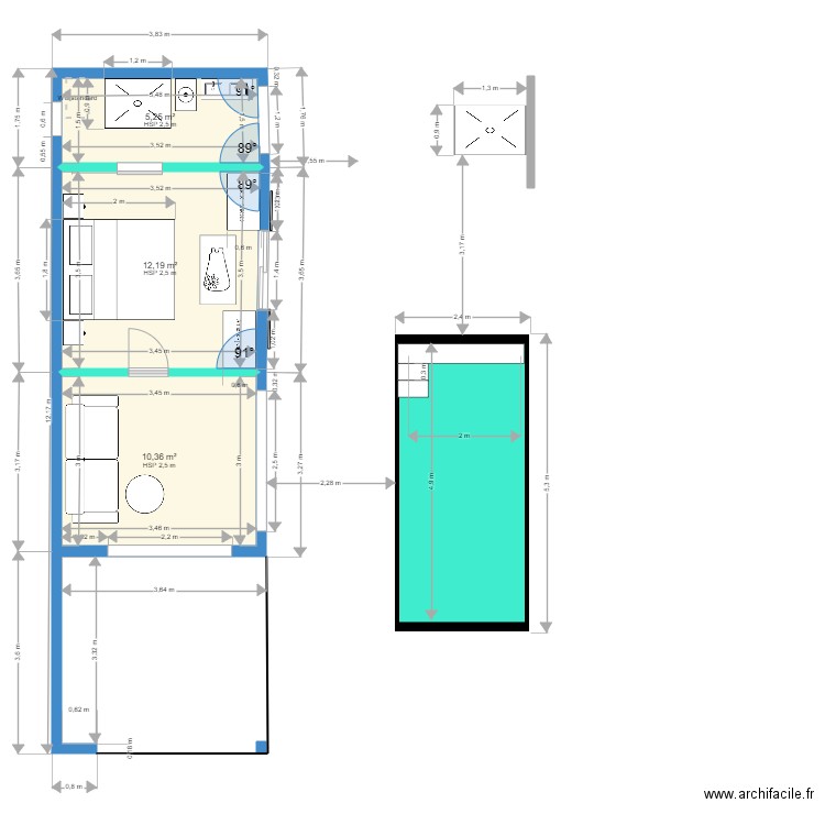 bungalow vic 220124. Plan de 3 pièces et 28 m2