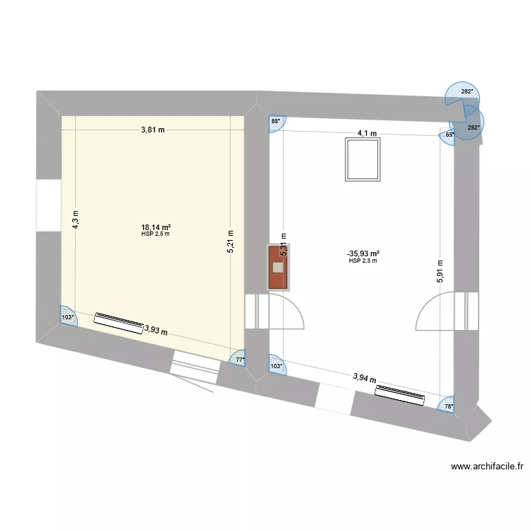 chambre. Plan de 2 Pièces et 40 m²