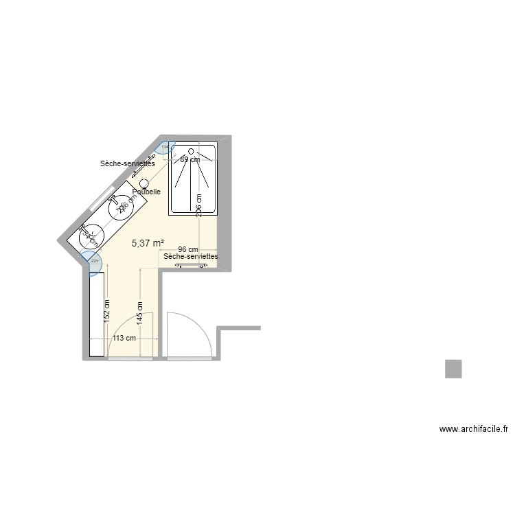 goye sdb. Plan de 1 pièce et 5 m2