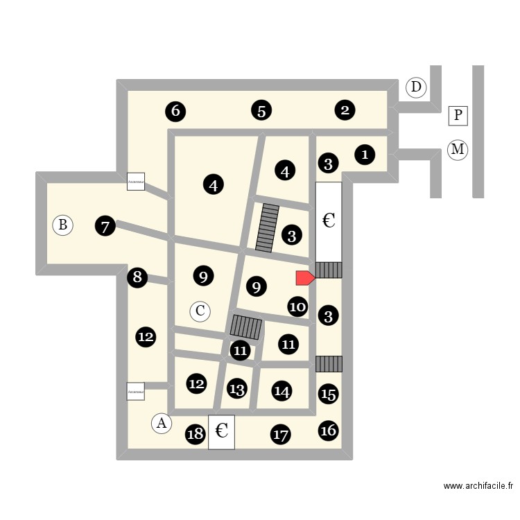 Plan BHV (sou-sol). Plan de 13 pièces et 44 m2