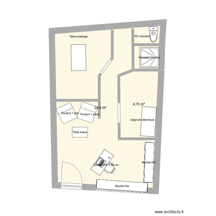 local salon. Plan de 2 pièces et 29 m2