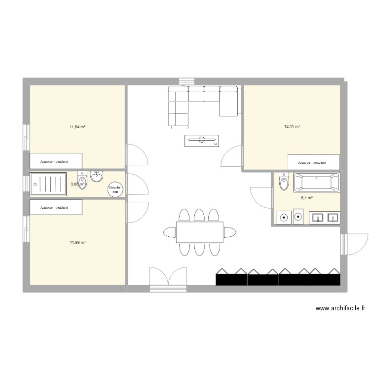 maison avec chambres sur jardin. Plan de 5 pièces et 45 m2