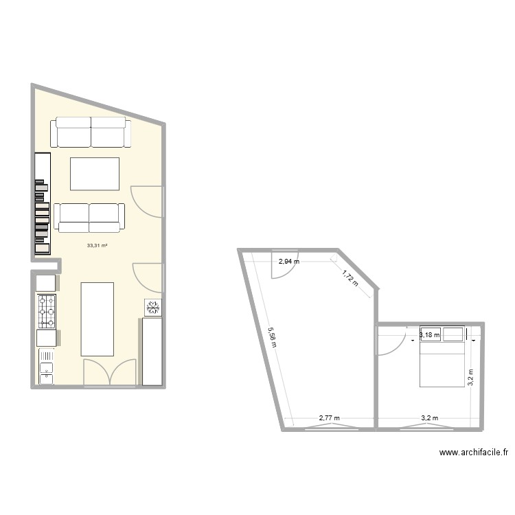 MdC - Séjour cuisine. Plan de 1 pièce et 33 m2