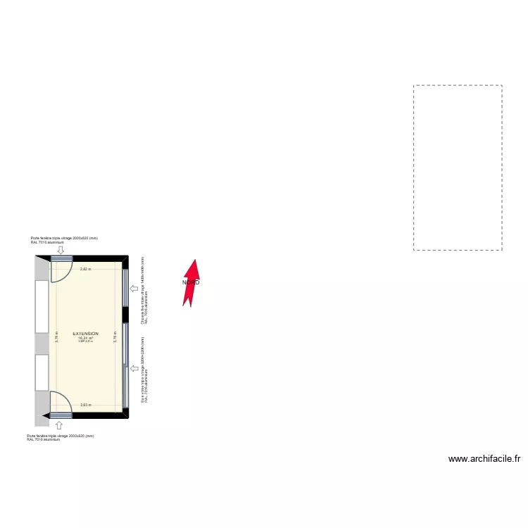 Extension seule + vitrages. Plan de 1  et 16 m²