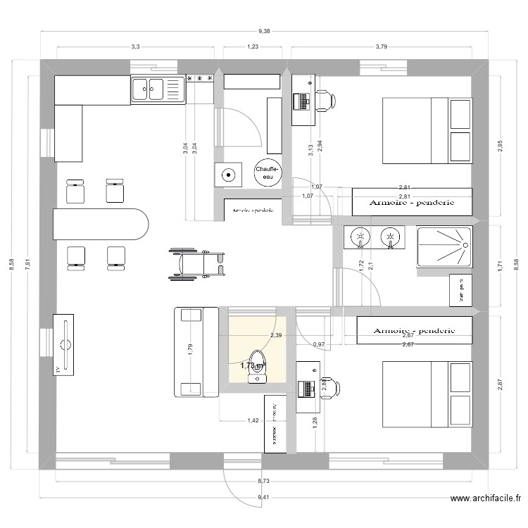 maison 75m2 gilou bis. Plan de 1 pièce et 2 m2