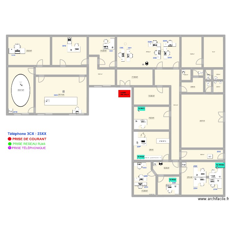 TVE_TV_BUREAUX. Plan de 27 pièces et 402 m2