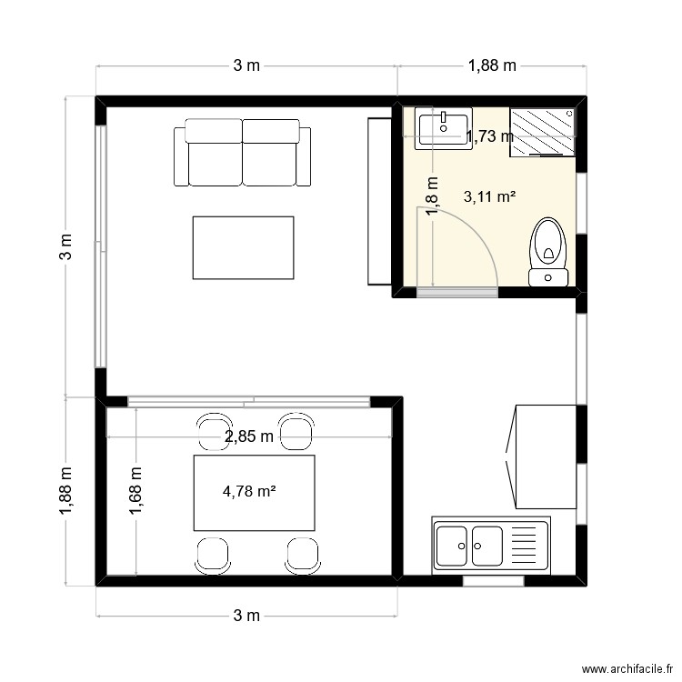 BNUNGALOW. Plan de 2 pièces et 8 m2