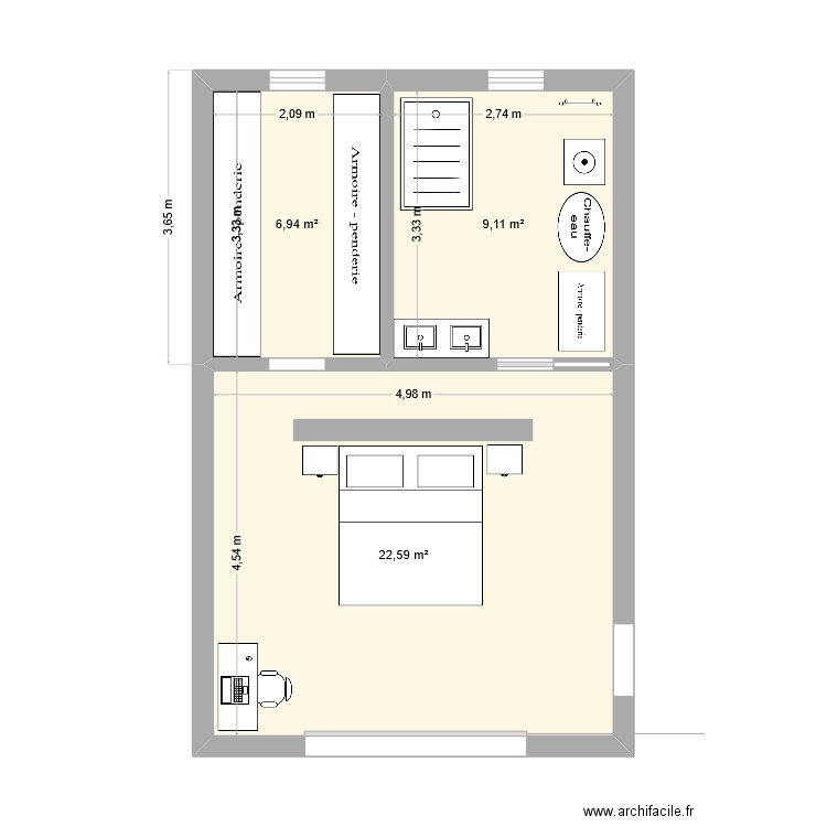 suite parentale. Plan de 3 pièces et 39 m2